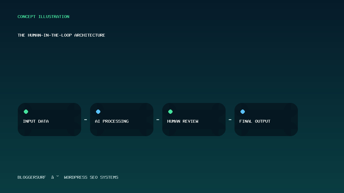 A diagram showing the flow from data input to AI processing, ending at a human reviewer node before final output.