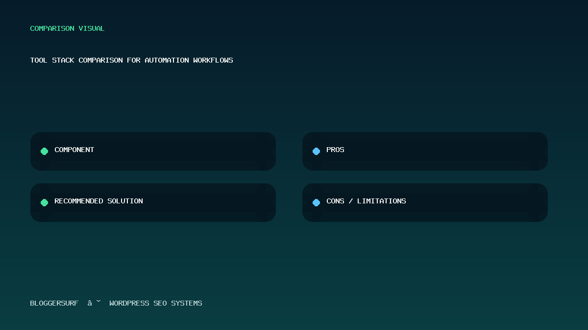 A comparison table visualizing the pros, cons, and recommended solutions for different components of an SEO automation workflow.
